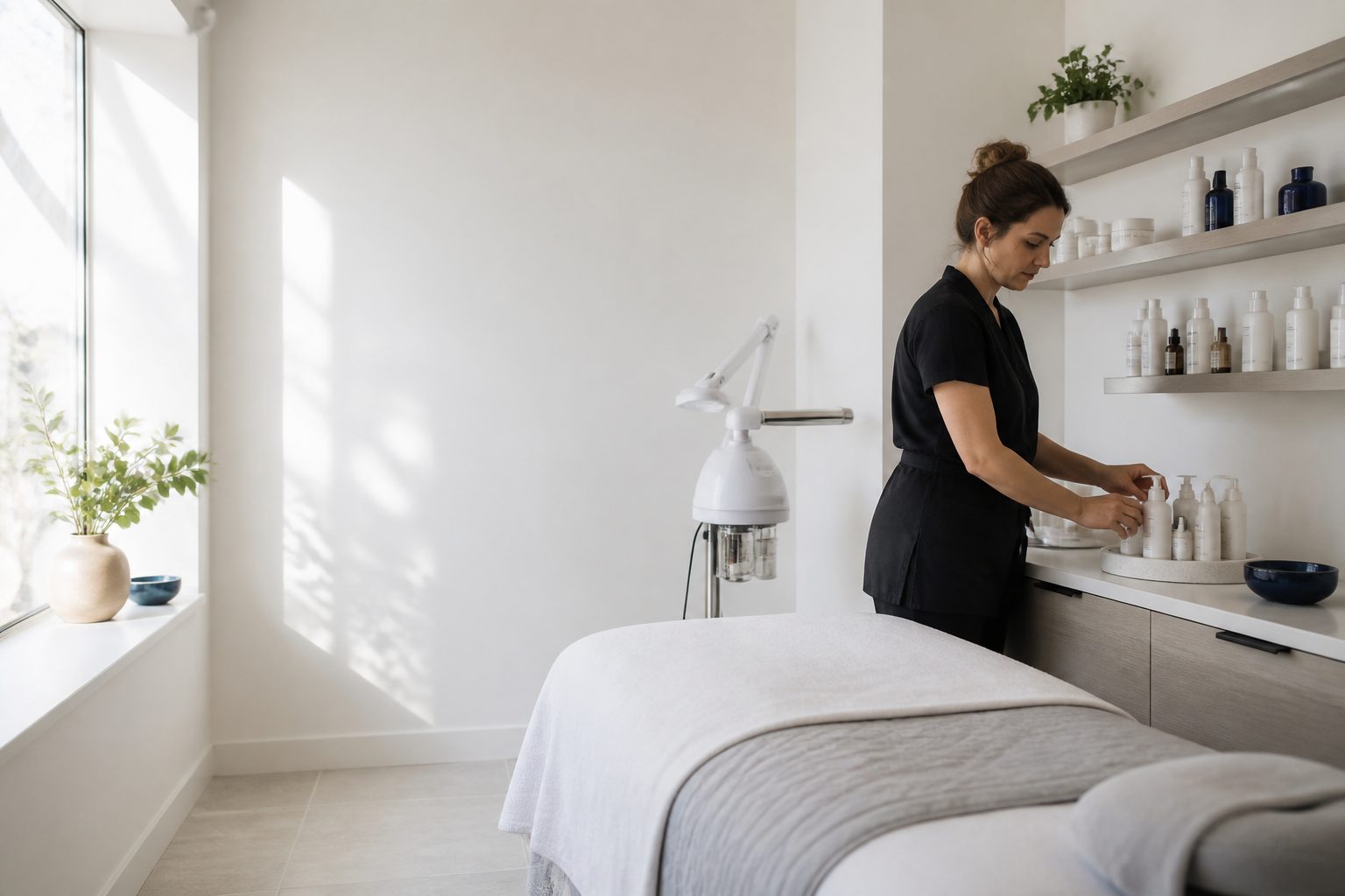 Bright treatment room with a practitioner preparing products