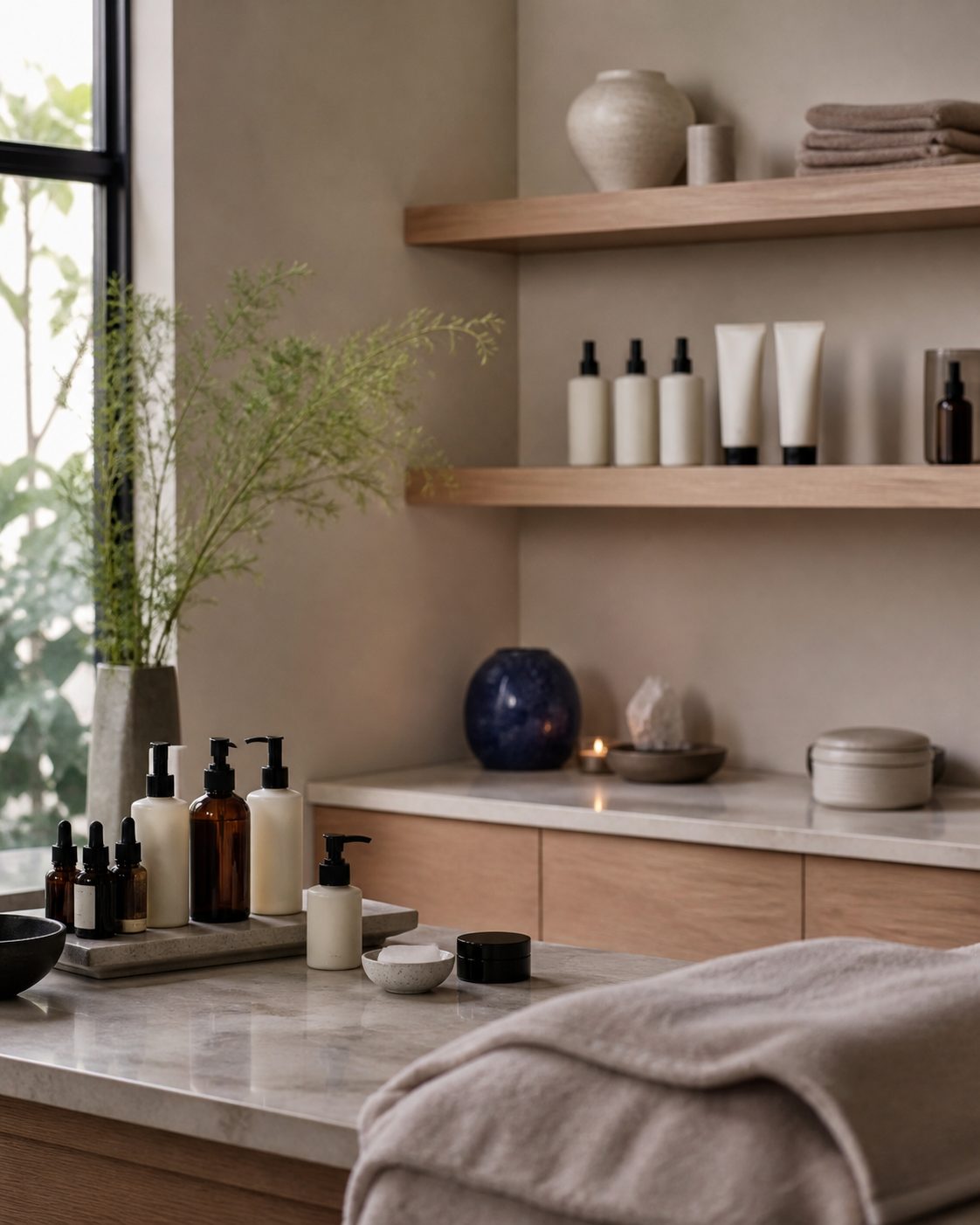 Skincare products arranged in warm daylight