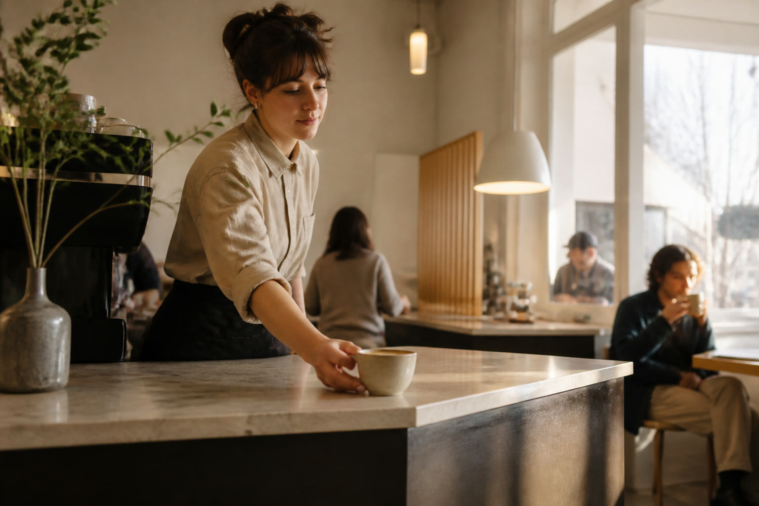 Barista placing a cup at a cafe counter