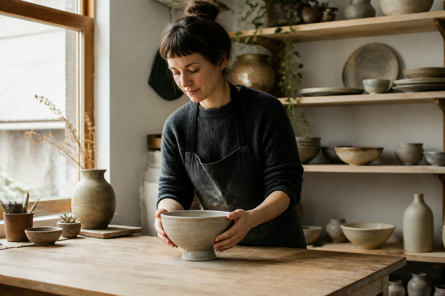 Ceramic maker placing a finished vessel on a worktable
