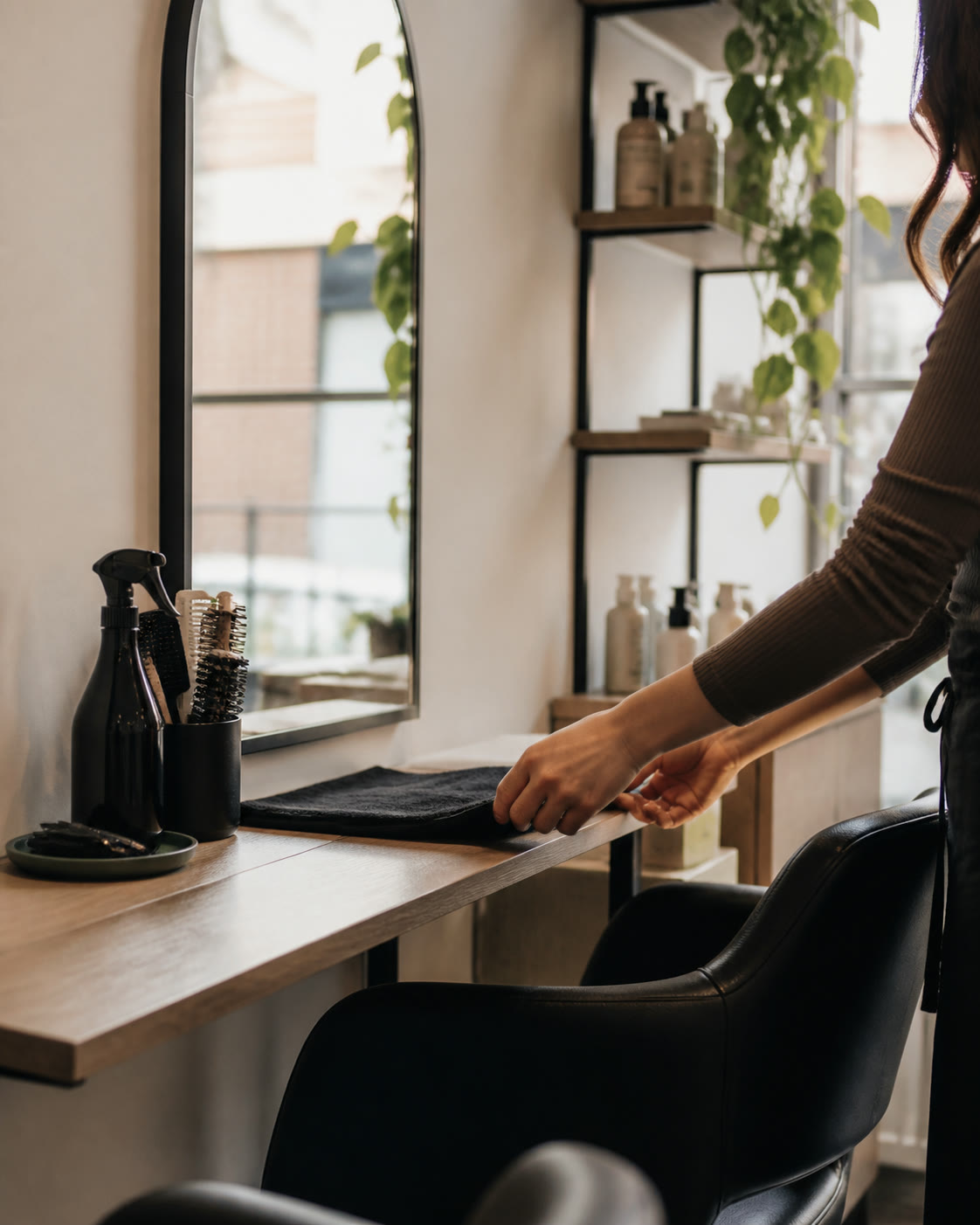 Stylist preparing a salon workstation