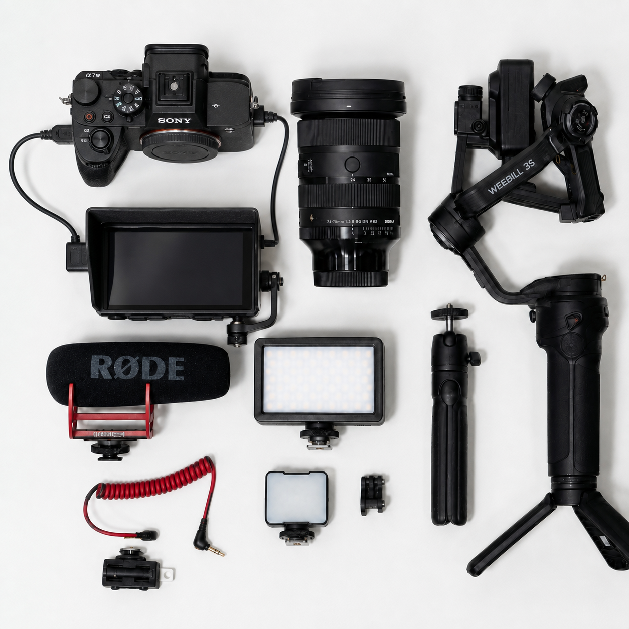 Illustrative professional camera setup with external monitor, lens, microphone, light, stabilizer, and tripod